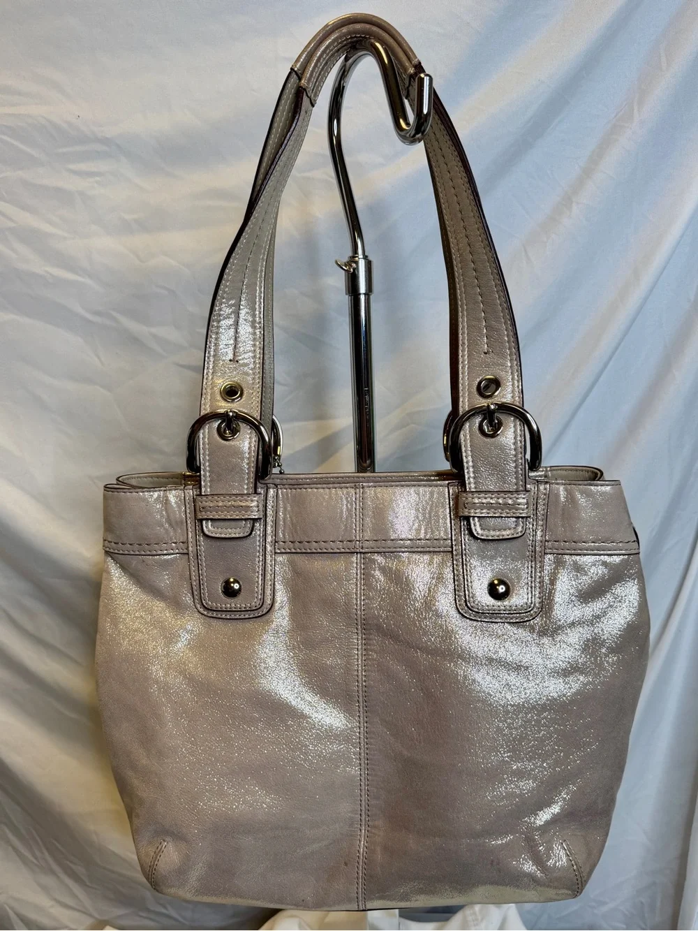 COACH SoHo Pleated Leather Metallic Champagne Silver Gold Tote Shoulder Bag